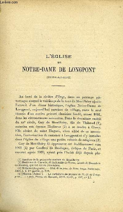 BULLETIN MONUMENTAL 79e VOLUME DE LA COLLECTION, N1-2 - L'EGLISE DE NOTRE-DAME DE LONGPONT PAR JEAN VALLERY-RADOT