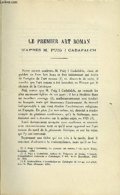 BULLETIN MONUMENTAL 87e VOLUME DE LA COLLECTION N1-2 - LE PREMIER ART ROMAN D'APRES M. PUIG I CADAFALCH PAR DESHOULIERES, FOUILLES ET DECOUVERTES A JUMIEGES, LE DEAMBULATOIRE DE L'EGLISE ROMANE PAR G. LANFRY