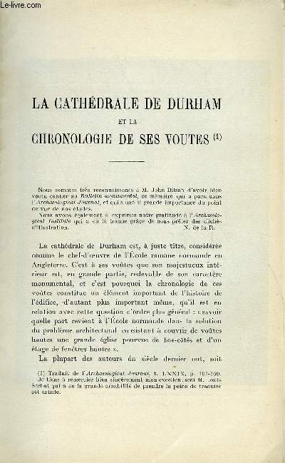 BULLETIN MONUMENTAL 89e VOLUME DE LA COLLECTION N°1-2 - LA CATHEDRALE DE DURHAM ET LA CHRONOLOGIE DE SES VOUTES PAR JOHN BILSON