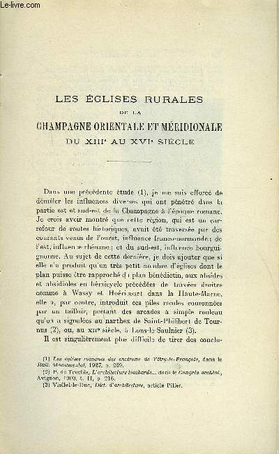 BULLETIN MONUMENTAL 89e VOLUME DE LA COLLECTION N3-4 - LES EGLISES RURALE DE LA CHAMPAGNE ORIENTALE MERIDIONALE DU XVIIIe AU XVIe SIECLE PAR RENE CROZET