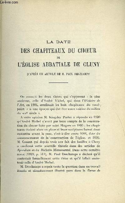 BULLETIN MONUMENTAL 90e VOLUME DE LA COLLECTION N1-2 - LA DATE DES CHAPITEAUX DU CHOEUR DE L'EGLISE ABBATIALE DE CLUNY D'APRES UN ARTICLE DE M. PAUL DESCHAMPS PAR DESHOULIERES