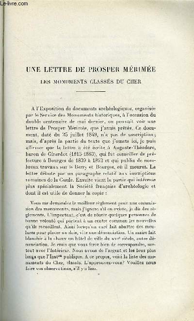 BULLETIN MONUMENTAL 93e VOLUME DE LA COLLECTION N4 - UNE LETTRE DE PROSPER MERIMEE - LES MONUMENTS CLASSES DU CHER PAR ADRIEN BLANCHET