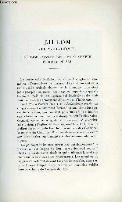 BULLETIN MONUMENTAL 94e VOLUME DE LA COLLECTION N3 - BILLOM (PUY-DE-DOME) - L'EGLISE SAINT-CERNEUF ET SA CRYPTE EDIFICES DIVERS PAR G. RUPRICH-ROBERT