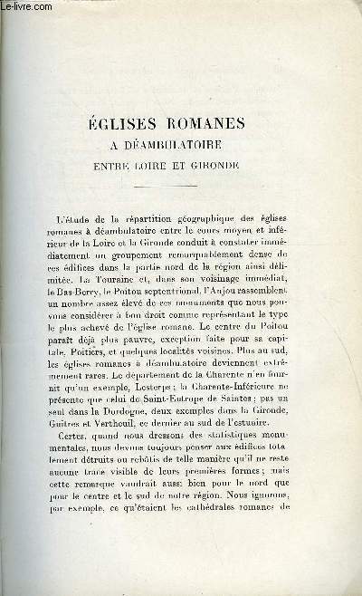 BULLETIN MONUMENTAL 95e VOLUME DE LA COLLECTION N1 - EGLISES ROMANES A DEAMBULATOIRE ENTRE LOIRE ET GIRONDE PAR RENE CROZET