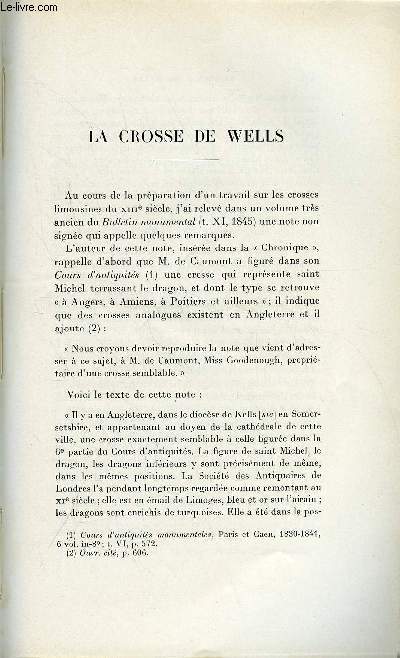 BULLETIN MONUMENTAL 95e VOLUME DE LA COLLECTION N2 - LA CROSSE DE WELLS PAR J. J. MARQUET DE VASSELOT