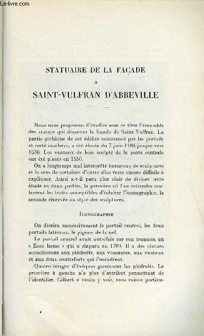 BULLETIN MONUMENTAL 95e VOLUME DE LA COLLECTION N3 - STATUAIRE DE LA FACADE A SAINT-VULFRAN D'ABBEVILLE PAR H. ZANETTACI