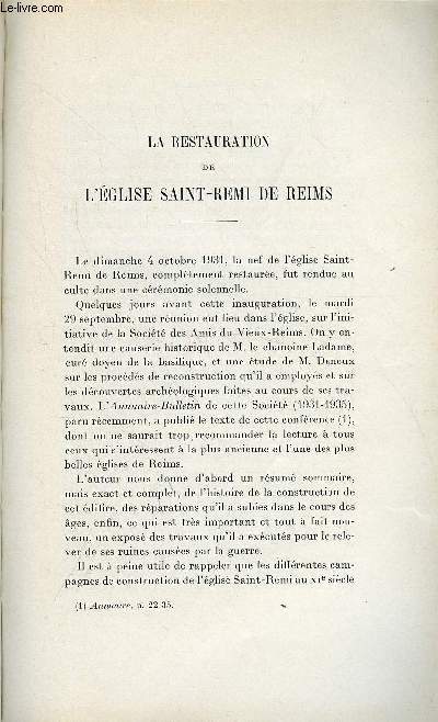 BULLETIN MONUMENTAL 96e VOLUME DE LA COLLECTION N1 - LA RESTAURATION DE L'EGLISE SAINT-REMI DE REIMS PAR L. DEMAISON