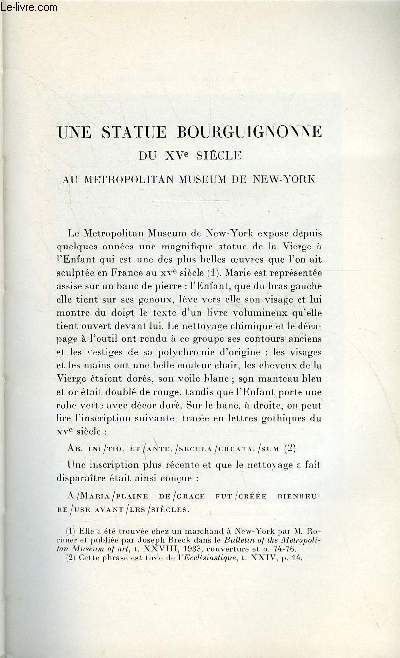 BULLETIN MONUMENTAL 97e VOLUME DE LA COLLECTION N1 - UNE STATUE BOURGUIGNONNE DU XVe SIECLE AU METROPOLITAN MUSEUM DE NEW-YORK PAR JAMES J. RORIMER