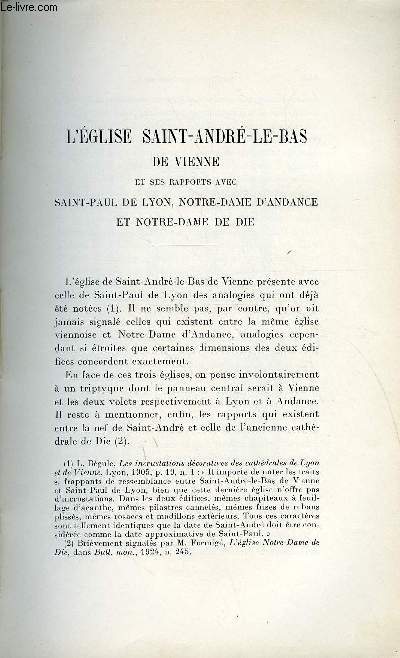 BULLETIN MONUMENTAL 97e VOLUME DE LA COLLECTION N2 - L'EGLISE SAINT-ANDRE-LE-BAS DE VIENNE ET SES RAPPORTS AVEC SAINT-PAUL DE LYON, NOTRE-DAME D'ANDANCE ET NOTRE-DAME DE DIE PAR JEAN VALLERY-RADOT