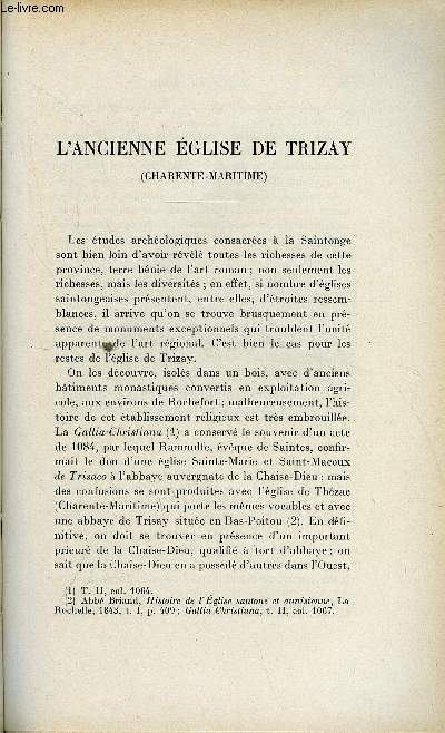 BULLETIN MONUMENTAL 109e VOLUME DE LA COLLECTION N1 - L'ANCIENNE EGLISE DE TRIZAY (CHARENTE-MARITIME) PAR RENE CROZET