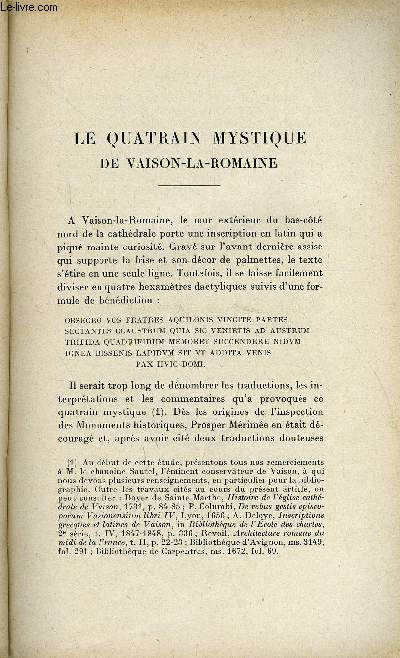 BULLETIN MONUMENTAL 109e VOLUME DE LA COLLECTION N2 - LE QUATRAIN MYSRTIQUE DE VAISON-LA-ROMAINE PAR MICHEL RAMBAUD