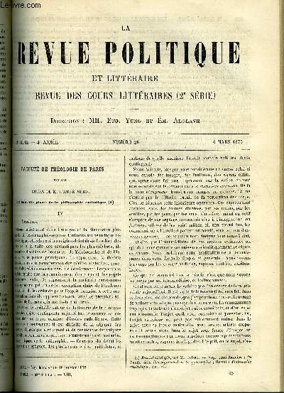 LA REVUE POLITIQUE ET LITTERAIRE 4e ANNEE - 2e SEMESTRE N36 - UNE NOUVELLE PHASE DE LA PHILOSOPHIE CATHOLIQUE IV PAR L'ABBE MERIC, L'UNIVERSITE PROTESTANTE DE STRASBOURG PAR MAURICE VERNES, LES POETES JAPONAIS PAR LEON CAHUN, ETUDES NOUVELLES