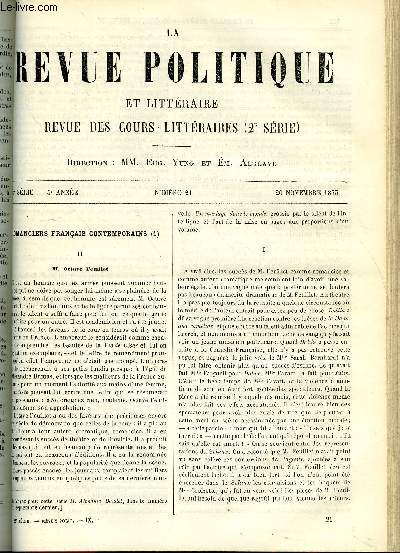 LA REVUE POLITIQUE ET LITTERAIRE 5e ANNEE - 1er SEMESTRE N21 - ROMANCIERS FRANCAIS CONTEMPORAINS - OCTAVE FEUILLET PAR CHARLES BIGOT, NOS PREPARATIFS MILITAIRES EN 1870 PAR LOUIS JEZIERSKI, RECENTES PUBLICATIONS HISTORIQUES PAR ALFRED RAMBAUD