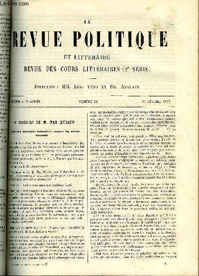 LA REVUE POLITIQUE ET LITTERAIRE 5e ANNEE - 2e SEMESTRE N34 - L'EDUCATION NATIONALE CONSIDEREE COMME UN DEVOIR NATIONAL PAR C.B., LES TRAGEDIES ROMAINES DE SHAKESPEARE PAR PAUL STAPFER, LA KABYLIE - LE PAYS BERBERE PAR MASQUERAY, MISTRAL ET LE FELIBRIGE