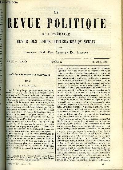 LA REVUE POLITIQUE ET LITTERAIRE 5e ANNEE - 2e SEMESTRE N42 - ROMANCIERS FRANCAIS CONTEMPORAINS III - VICTOR CHERBULIEZ PAR CHARLES BIGOT, L'EUROPE POLITIQUE V PAR LUDOVIC DRAPEYRON, LA LITTERATURE HOLLANDAISE AU XIXe SIECLE PAR LEO QUESNEL