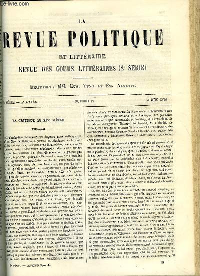 LA REVUE POLITIQUE ET LITTERAIRE 5e ANNEE - 2e SEMESTRE N49 - LA CRITIQUE AU XIXe SIECLE - VILLEMAIN PAR EUGENE DESPOIS, LE GREC MODERNE PAR MILLER, LA NOMINATION DES MAIRES PAR LOUIS PAULIAT