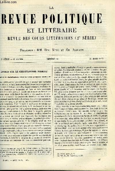 LA REVUE POLITIQUE ET LITTERAIRE 6e ANNEE - 2e SEMESTRE N40 - ETUDES SUR LE CHRISTIANISME PRIMITIF - L'ART ET LE CHRISTIANISME DANS LES DEUX PREMIERS SIECLES PAR E. DE PRESSENSE, LALLY-TOLLENDAL PAR PAUL GAFFAREL, HISTOIRE DE L'AMERIQUE DU SUD