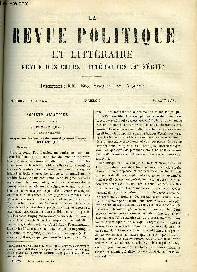 LA REVUE POLITIQUE ET LITTERAIRE 8e ANNEE - 1er SEMESTRE N9 - TRAVAUX DE LA SOCIETE ASIATIQUE PAR ERNEST RENAN, L'ESPAGNE A L'EXPOSITION UNIVERSELLE PAR LEO QUESNEL, PUBLICATIONS PHILOSOPHIQUES