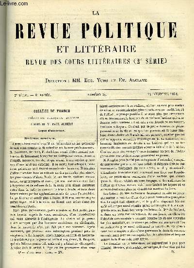 LA REVUE POLITIQUE ET LITTERAIRE 8e ANNEE - 1er SEMESTRE N24 - LECON D'OUVERTURE PAR PAUL ALBERT, VIE ET TRAVAUX DE CHALRES LENORMANT PAR H. WALLON