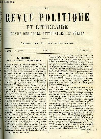 LA REVUE POLITIQUE ET LITTERAIRE 8e ANNEE - 2e SEMESTRE N31 - LA DEMISSION DE M. LE MARECHAL DE MAC-MAHON, EUGENE DELACROIX PAR CHARLES BIGOT, VIRGILE ET HORACE PAR H. HIGNARD, LA REVUE DE PHILOLOGIE PAR ED. TOURNIER, P.-F. DUBOIS PAR ERNEST HAVET