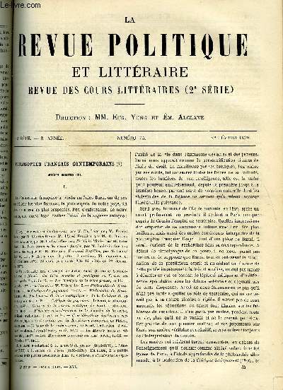 LA REVUE POLITIQUE ET LITTERAIRE 8e ANNEE - 2e SEMESTRE N34 - JULES BARNI PAR D. NOLEN, LA CORRESPONDANCE DE FALSTAFF PAR ALEXANDRE BUCHNER, DISCOURS DE RENTREE DE LA CONFERENCE DES AVOCATS PAR ALPHONSE LEDRU, L'HISTOIRE EN BELGIQUE PAR G. DE NOUVION