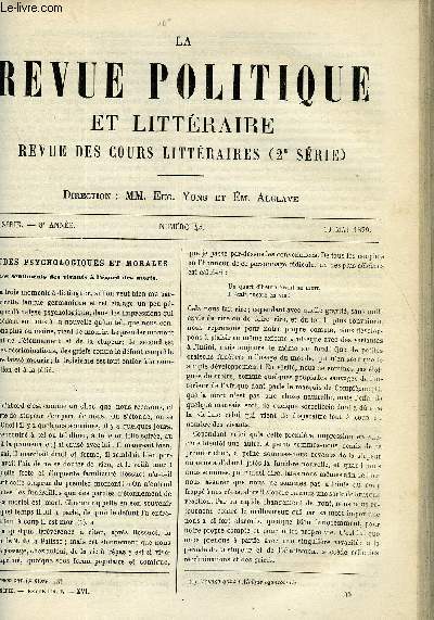 LA REVUE POLITIQUE ET LITTERAIRE 8e ANNEE - 2e SEMESTRE N45 - SENTIMENTS DES VIVANTS ENVERS LES MORTS PAR FRANCISQUE BOUILLIER, LE BRESIL AU COMMENCEMENT DU XIXe SIECLE PAR A. DEBIDOUR, LE MOUVEMENT LITTERAIRE A L'ETRANGER PAR ARVEDE BARINE