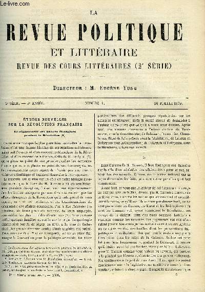 LA REVUE POLITIQUE ET LITTERAIRE 9e ANNEE - 1er SEMESTRE N4 - LE DEPARTEMENT DES AFFAIRES ETRANGERES PENDANT LA REVOLUTION PAR A.R., ALFRED TENNYSON PAR LEO QUESNEL, L'IDEE MODERNE DU DROIT PAR LOUIS FOCHIER, HISTOIRE DE VAUBAN PAR GEORGES DE NOUVION