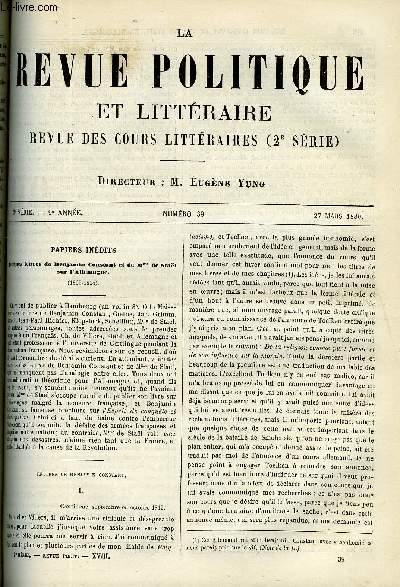 LA REVUE POLITIQUE ET LITTERAIRE 9e ANNEE - 2e SEMESTRE N39 - BENJAMIN CONSTANT ET MME DE STAEL EN ALLEMAGNE, LE MINISTERE DE MAZARIN PAR GEORGES DE NOUVION, LA LOI ELECTORALE EN ANGLETERRE PAR GEORGES DE NOUVION, PIE IX ET VICTOR-EMMANUEL PAR E. GEBHART