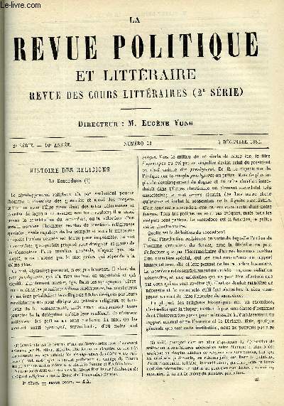 LA REVUE POLITIQUE ET LITTERAIRE 10e ANNEE - 1er SEMESTRE N23 - LE SACERDOGE PAR ALBERT REVILLE, ETHNOGRAPHIE DE LA FRANCE III PAR E. LEVASSEUR, LE NOUVEAU ROMAN DE M. DISRAELI PAR JEANNE MAIRET, LA BELGIQUE ET LE SAINT SIEGE PAR E. DE PRESSENSE