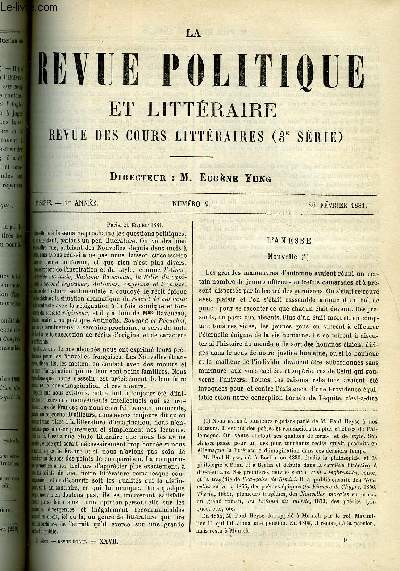 LA REVUE POLITIQUE ET LITTERAIRE 1er ANNEE - 1er SEMESTRE N9 - L'ANESSE PAR PAUL HEYSE, LE 18 FRUCTIDOR PAR LE COLONEL JUNG, CONTES POPULAIRES DE LA GRECE MODERNE PAR CH. GIDEL, DEUX ROMANCIERS RUSSES PAR JEAN FLEURY