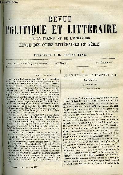 LA REVUE POLITIQUE ET LITTERAIRE 3e ANNEE - 1er SEMESTRE N8 - LE MINISTERE GAMBETTA PAR JOSEPH REINACH, MARIE MANCINI PAR CH.-L. LIVET, LE PENSIONNAIRE DE M. LOLO PAR CH. EPHEYRE