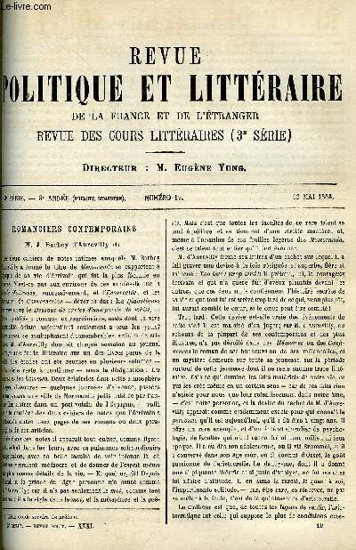 LA REVUE POLITIQUE ET LITTERAIRE 3e ANNEE - 1er SEMESTRE N19 - BARBEY D'AUREVILLY PAR PAUL BOURGET, UN MEUBLE EN BOIS DE ROSE CHAPITRE V PAR ***, PARIS IL Y A CENT ANS PAR FRANCISQUE BOUILLIER, L'EXPOSITION DES PORTRAITS DU SIECLE PAR ARTHUR BAIGNERES