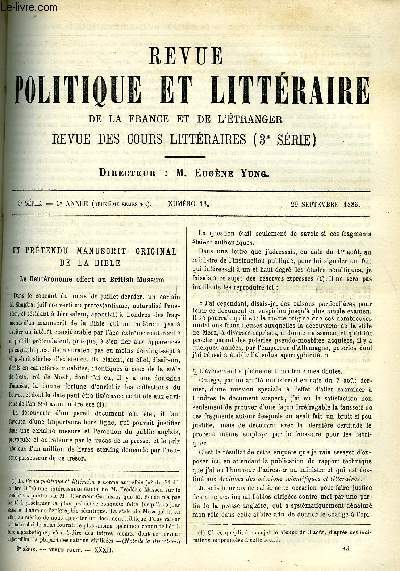 LA REVUE POLITIQUE ET LITTERAIRE 3e ANNEE - 2e SEMESTRE N13 - UN PRETENDU MANUSCRIT ORIGINAL DE LA BIBLE PAR CH. CLERMONT-GANNEAU, PARIS SOUS LA TERREUR PAR FRANCISQUE BOUILLIER, MARIETTE PAR PAUL-ANDRE GERARD, ESPAGNE ET PORTUGAL PAR LOUIS ULBACH