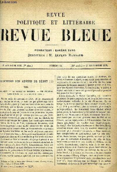 LA REVUE POLITIQUE ET LITTERAIRE 9e ANNEE - 2e SEMESTRE N12 - SOUVENIRS DES ANNEES DE DEBUT PAR ANDRE THEURIET, DOUBLE CONQUETE PAR JEANNE MAIRET, VILLIERS DE L'ISLE-ADAM PAR HENRY LAUJOL, LA POLITIQUE DE DANTON PAR ALBERT SOREL, MONTCHRETIEN
