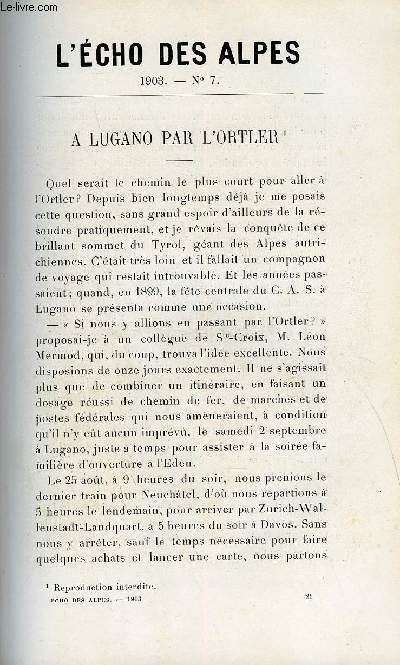 L'ECHO DES ALPES - PUBLICATION DES SECTIONS ROMANDES DU CLUB ALPIN SUISSE N7 - A LUGANO PAR L'ORTLER PAR L. JACCARD-LENOIR, UNE LECTURE PAR EDM.-W. VIOLLIER