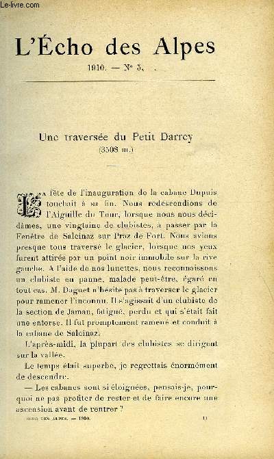 L'ECHO DES ALPES - PUBLICATION DES SECTIONS ROMANDES DU CLUB ALPIN SUISSE N5 - UNE TRAVERSEE DU PETIT DARREY PAR LE Dr WEISSENBACH, AU BALLON DE GEBWEILER PAR C. R., NUIT D'HIVER DANS LA MONTAGNE PAR F. MONTANDON, IMPRESSIONS D'EN HAUT PAR JULES MONOD