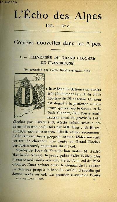 L'ECHO DES ALPES - PUBLICATION DES SECTIONS ROMANDES DU CLUB ALPIN SUISSE N5 - COURSES NOUVELLES DANS LES ALPES PAR E.-R. BLANCHET, ASCENSIONS ET PASSAGES NOUVEAUX DANS LA CHAINE DU MONT-BLANC PAR E. FONTAINE, CHRONIQUE ALPINE PAR F. R.