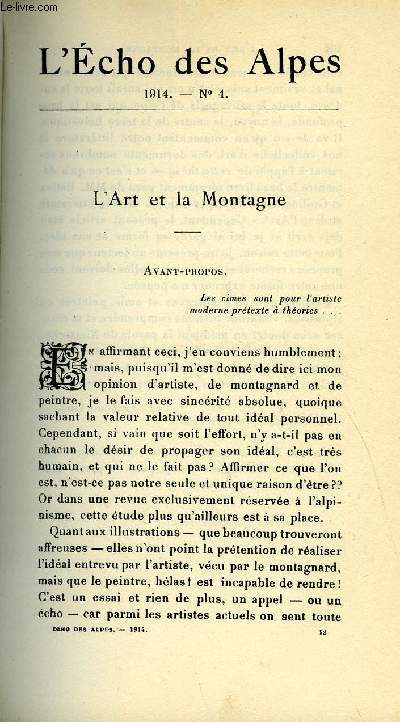 L'ECHO DES ALPES - PUBLICATION DES SECTIONS ROMANDES DU CLUB ALPIN SUISSE N4 - L'ART ET LA MONTAGNE PAR FRANCOIS GOS, NOTRE CONTRAT D'ASSURANCE, CORRESPONDANCE PAR E. DUPARC, J. LANGDORF ET H.-L. DUCHOSAL