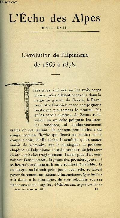 L'ECHO DES ALPES - PUBLICATION DES SECTIONS ROMANDES DU CLUB ALPIN SUISSE N°11 - L'EVOLUTION DE L'ALPINISME DE 1865 A 1878 PAR L. SPIRO, PHILIPPE WIBLE PAR H. L.
