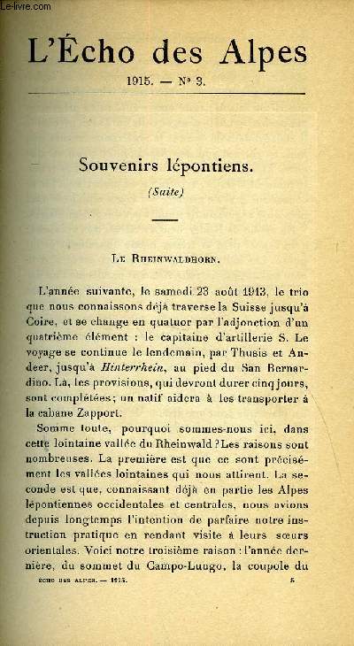 L'ECHO DES ALPES - PUBLICATION DES SECTIONS ROMANDES DU CLUB ALPIN SUISSE N°3 - SOUVENIRS LEPONTIENS (SUITE) PAR F. MONTANDON, LES PIEDS 
