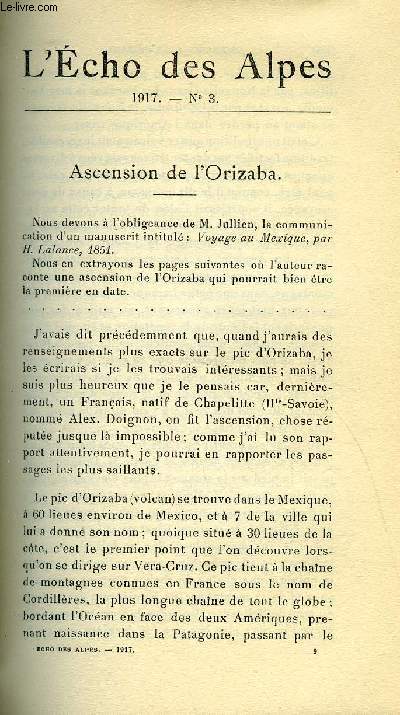 L'ECHO DES ALPES - PUBLICATION DES SECTIONS ROMANDES DU CLUB ALPIN SUISSE N3 - ASCENSION DE L'ORIZABA, COURSE DANS LA SERRA DE CINTRA PAR JULES CHOFFAT, LA MORALE DE L'ALPE PAR G. FLEMWELL, EMILE BUSSET PAR ED. VITTOZ, F. WELTI-HEER PAR LE Dr HEER