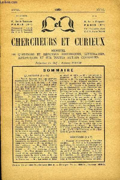 L'INTERMEDIAIRE DES CHERCHEURS ET CURIEUX N 1 - QUESTIONS (1  61)1 : Tercet figurant sur une gravure reprsentant Nicolas de La Brousse. - 2 : Valzargues, nom de lieu. - 3 : Une meute de cranciers. - 4 : Armas adoptes par Honor de Balzac.