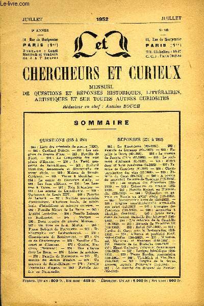 L'INTERMEDIAIRE DES CHERCHEURS ET CURIEUX N 16 - QUESTIONS (245  280)245: Liste des criminels de guerre (1920).-246 : Cardinal Dubois. - 247 : Les origines de Jeanne d'Arc. - 248 : Famille de Nicat.