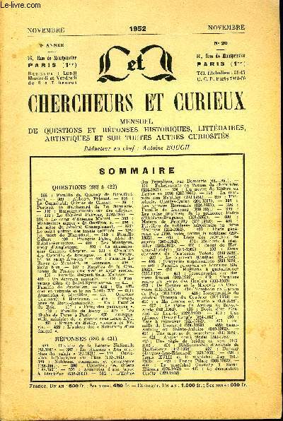 L'INTERMEDIAIRE DES CHERCHEURS ET CURIEUX N 20 - QUESTIONS (388  422)388 : Famille du Quenay de Bois-Gui-bert. - 389 : Abbaye, Prieur. - 390 : Le Conntable Olivier de Clisson. - 391 : Portrait de Balthazard de La Sonnerie.-392 : Renseignements