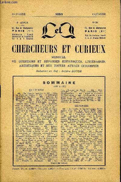 L'INTERMEDIAIRE DES CHERCHEURS ET CURIEUX N 31 - QUESTIONS 433 : La liturgie jacobite. - 434 : Faux La Porte de Vezins. - 434 : La fdration pyrnenne en 1815. - 434 : Alliance La Mothe-Longeville. - 435 : La Cavalerie et Waterloo. - 435: Famille