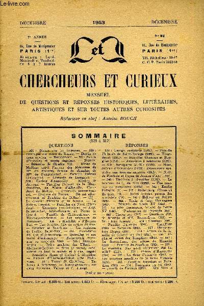 L'INTERMEDIAIRE DES CHERCHEURS ET CURIEUX N 33 - QUESTIONS 529 : Dicton sur les baleanes. - 530 : Ouvrage sur Anne de Russie. - Destin de deux navires. - Bourlmont. - 531: Sainte Brangre et saint Segolne. - Peyron.-Btardes de Charles VII.