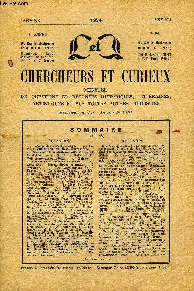 L'INTERMEDIAIRE DES CHERCHEURS ET CURIEUX N 34 - QUESTIONS 1 : Fer  cheval-Porte-bonheur. - I : Famille Quelquejeu en Basse-Normandie. -2: Reprsentation diplomatique auprs du Saint-Sige. - 2 : Pinci, en Italie. - 2 : Voir trente-six chandelle