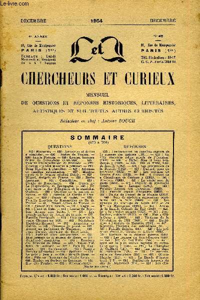 L'INTERMEDIAIRE DES CHERCHEURS ET CURIEUX N 45 - QUESTIONS 625: Marianne. - 625: Armoiries et devise  identifier. - 626 : Redon de Trabuc. - 626: Sainte Perrine. - 626: (Louise, baronne Geyer de G^eyersberg (1768-1820). - 627 : Famille Champalimaud