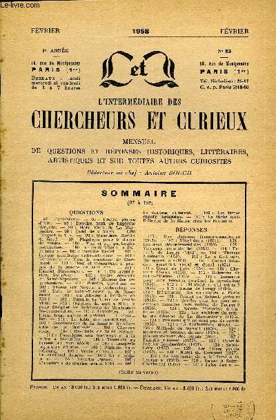 L'INTERMEDIAIRE DES CHERCHEURS ET CURIEUX N° 83 - QUESTIONS 97 : Catéchisme. - 97 : Pastré. prince d'Ri 1(1, - 98 : Tanche, nom d