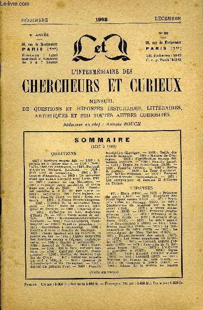 L'INTERMEDIAIRE DES CHERCHEURS ET CURIEUX N 93 - QUESTIONS 1057 : Ecriture moyen ge. - 1058 : A propos du  Cahier noir . - 1059 : Dum-macus, chef des Andcave*. -1059 : Portrait d'Antoine Richard, jardinier. - 1059 : Etat civil de Longuyon.